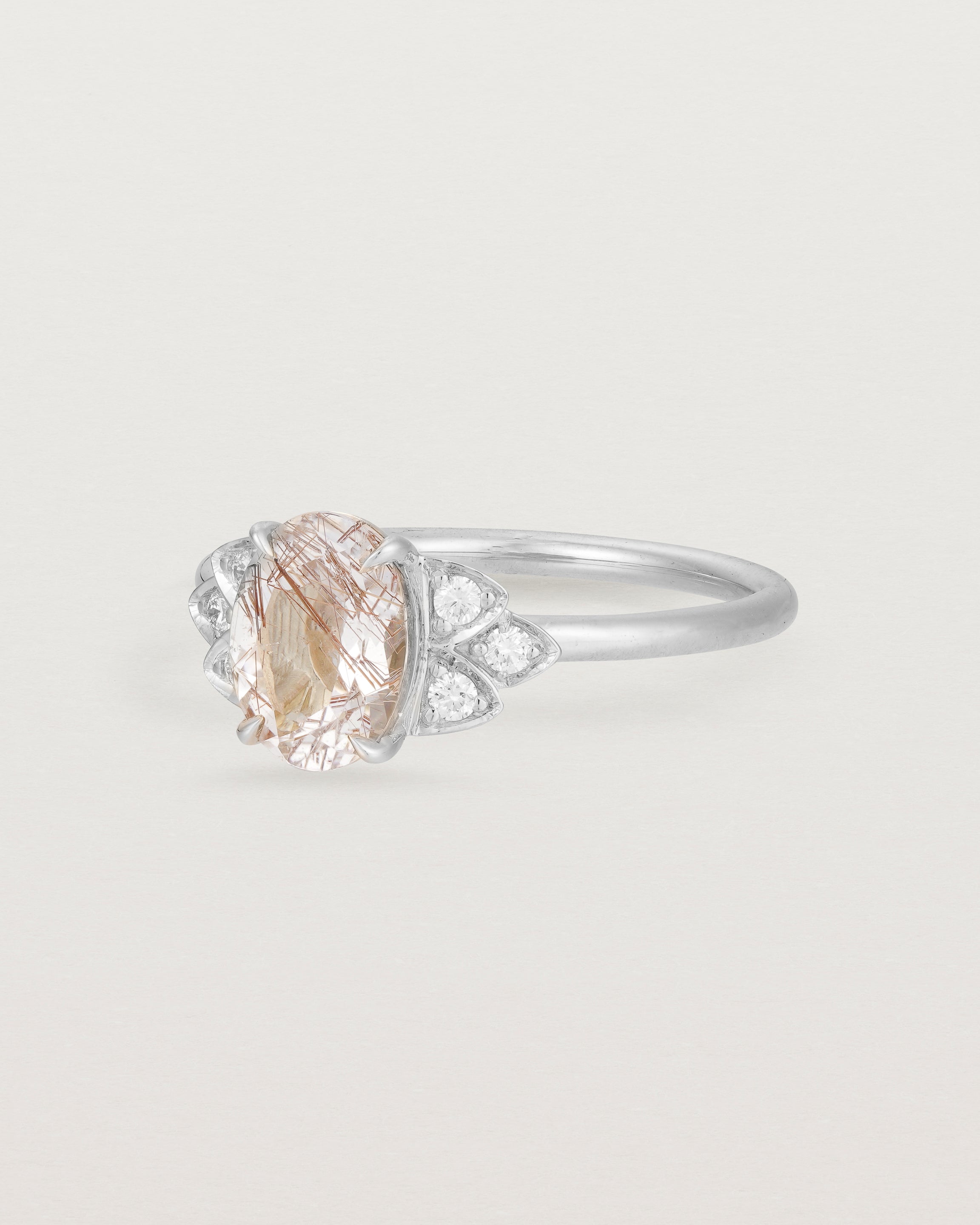 Angle view of the Winnie Ring | Rutilated Quartz & Diamonds | White Gold.